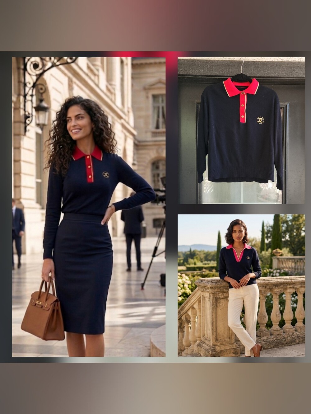 Vintage Chanel Navy Long-Sleeve Polo Sweater with Contrast Collar